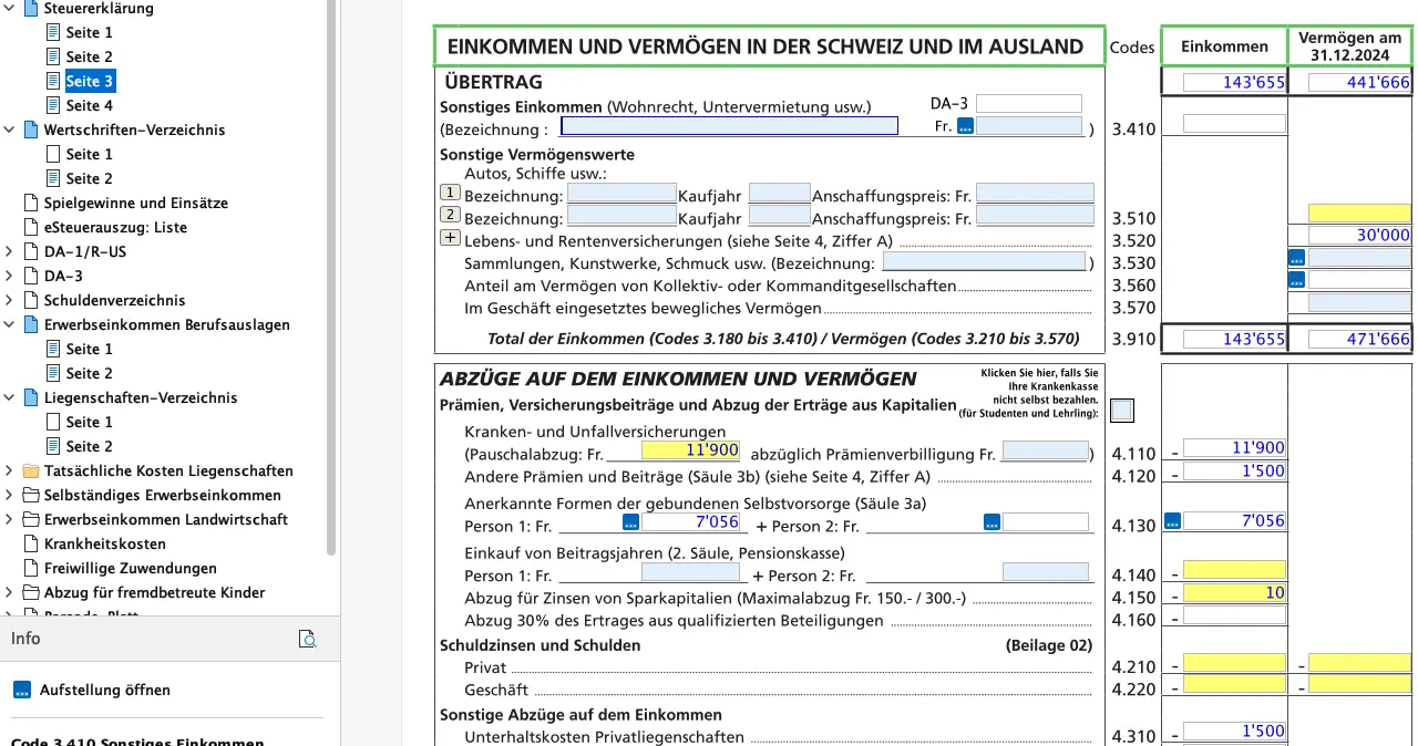 Seite 3 der FriTax-Erklärung: Sonstiges Einkommen, bewegliches Vermögen und Abzüge vom Einkommen