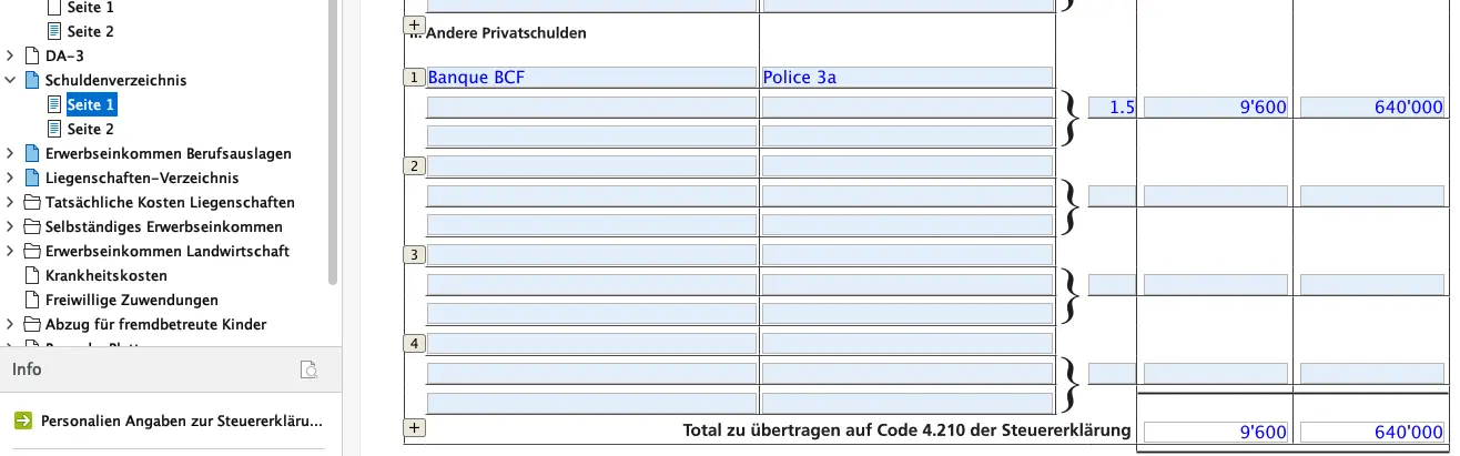 Schuldenstand und private Darlehen in FriTax mit Hypotheken und Bankkrediten