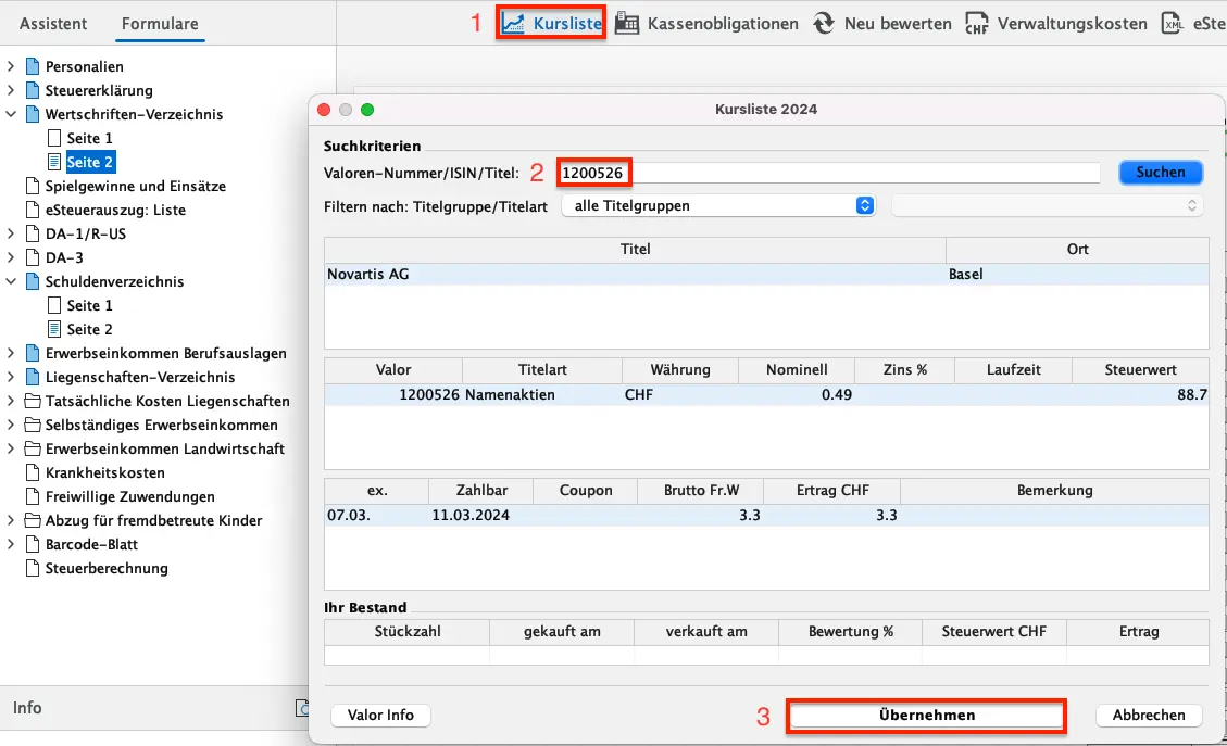 Zugriff auf die Kursliste in FriTax, um nach Wertpapieren und Effekten zu suchen