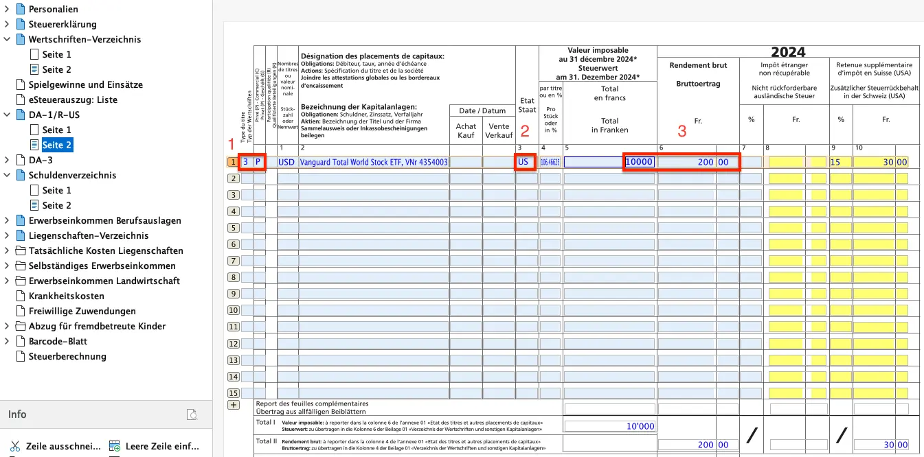 Erfassung eines ausländischen ETF in FriTax mit Steuerwert, Bruttorendite und Quellensteuerabzug