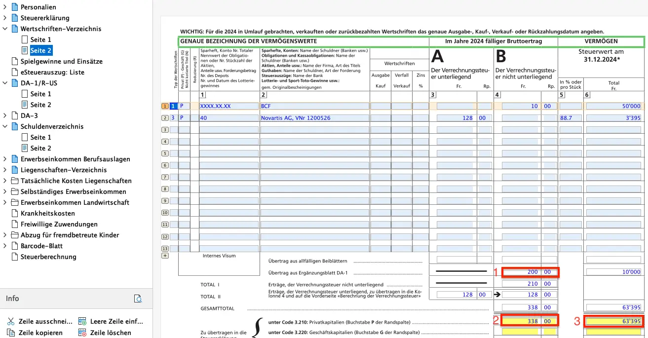 Übertragung der Wertschriftenerträge und des Vermögens in die FriTax-Steuererklärung (Codes 3.210 bis 3.330)