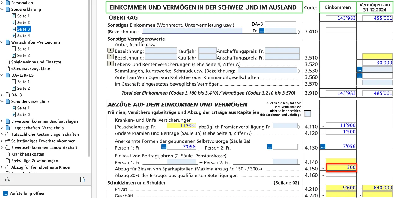 Eingabe von Steuerabzügen in FriTax Freiburg: Schuldzinsen, Versicherungen und andere Abzüge
