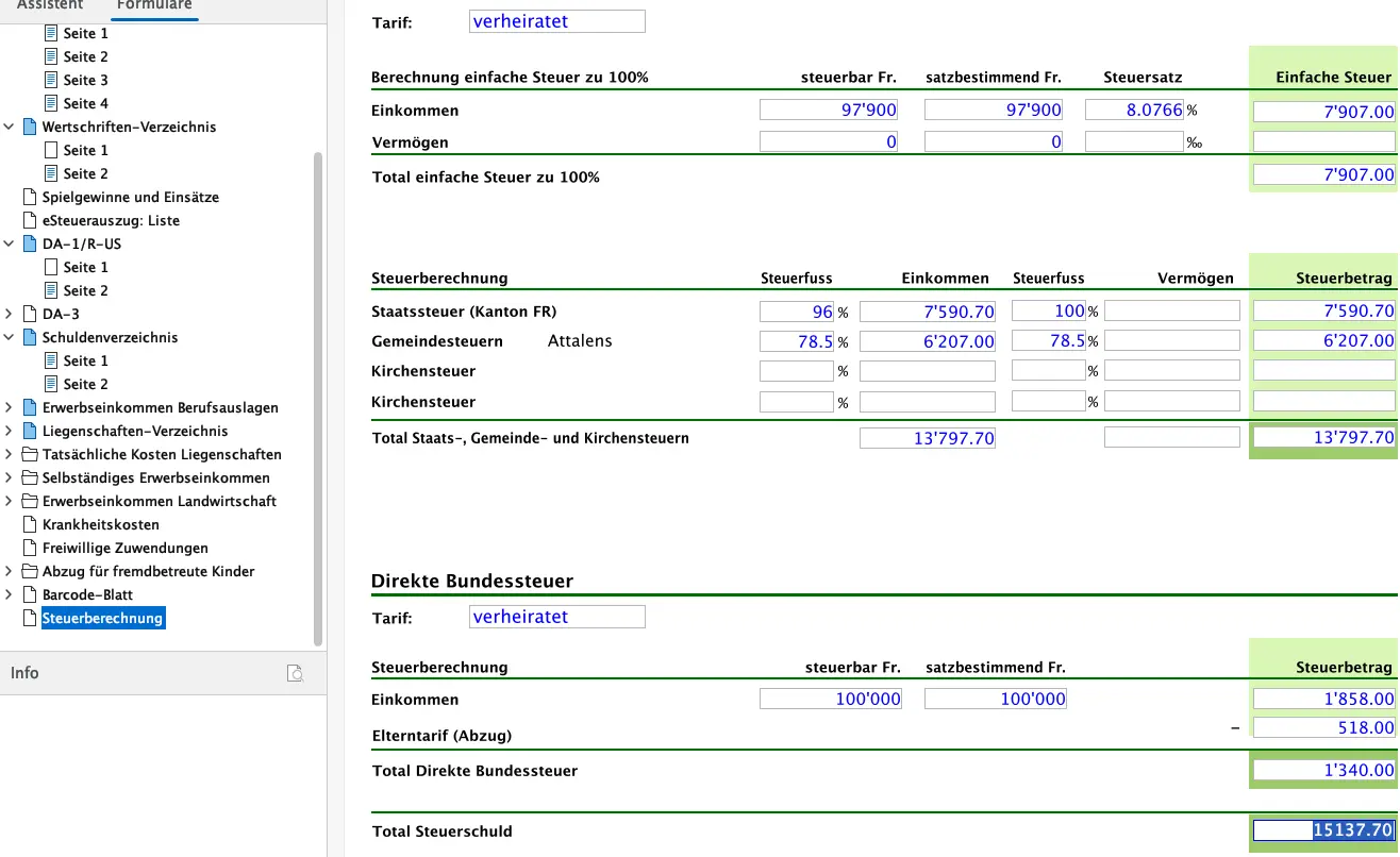 Endgültige Berechnung der Kantons-, Gemeinde- und Bundessteuer in FriTax (Zusammenfassung der Steuerveranlagung)