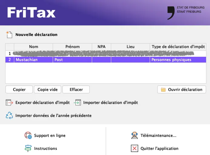 Interface d'accueil de FriTax pour créer, ouvrir ou importer une déclaration d'impôt fribourgeoise