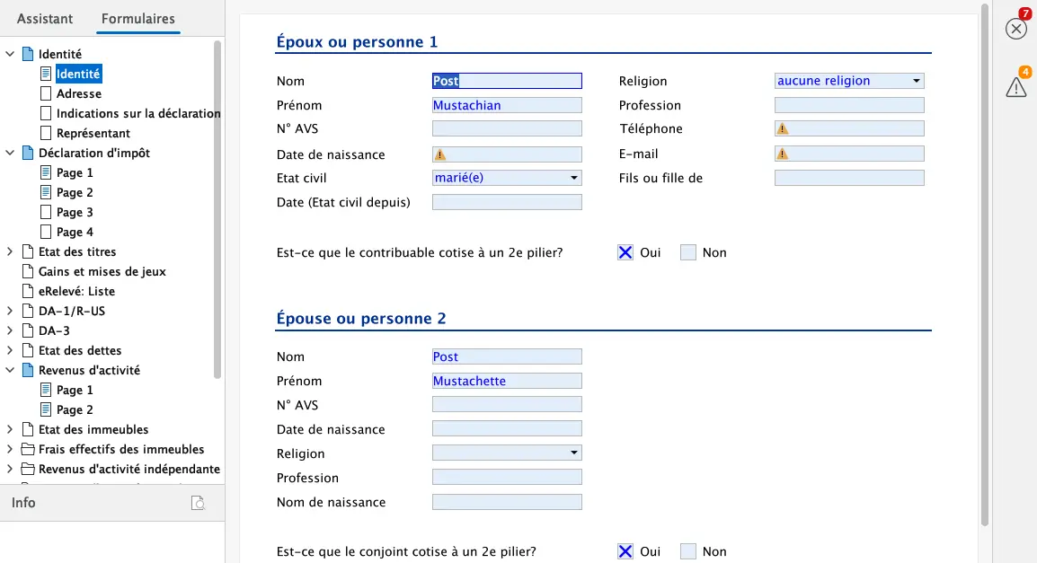 Saisie de l'identité des époux ou personnes imposées conjointement dans FriTax (nom, état civil, religion)
