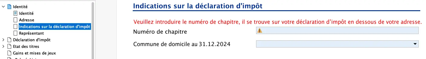 Indications sur la déclaration d'impôt dans FriTax avec numéro de chapitre et commune de domicile