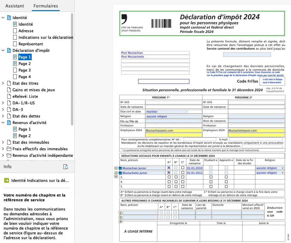 Page 1 de la déclaration d'impôt FriTax avec situation personnelle, familiale et enfants à charge