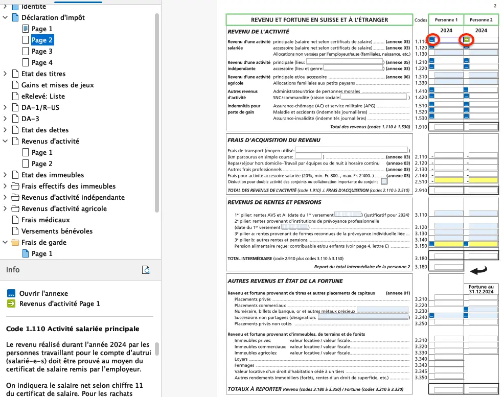 Vue d'ensemble des revenus et de la fortune en Suisse et à l'étranger dans FriTax (page 2)