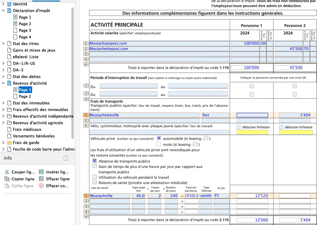 Saisie de l'activité salariée principale et des frais de transport dans FriTax
