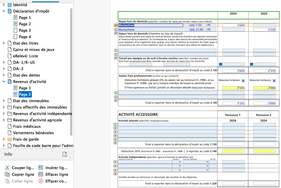 Déduction des frais professionnels, repas hors domicile et activité accessoire dans FriTax