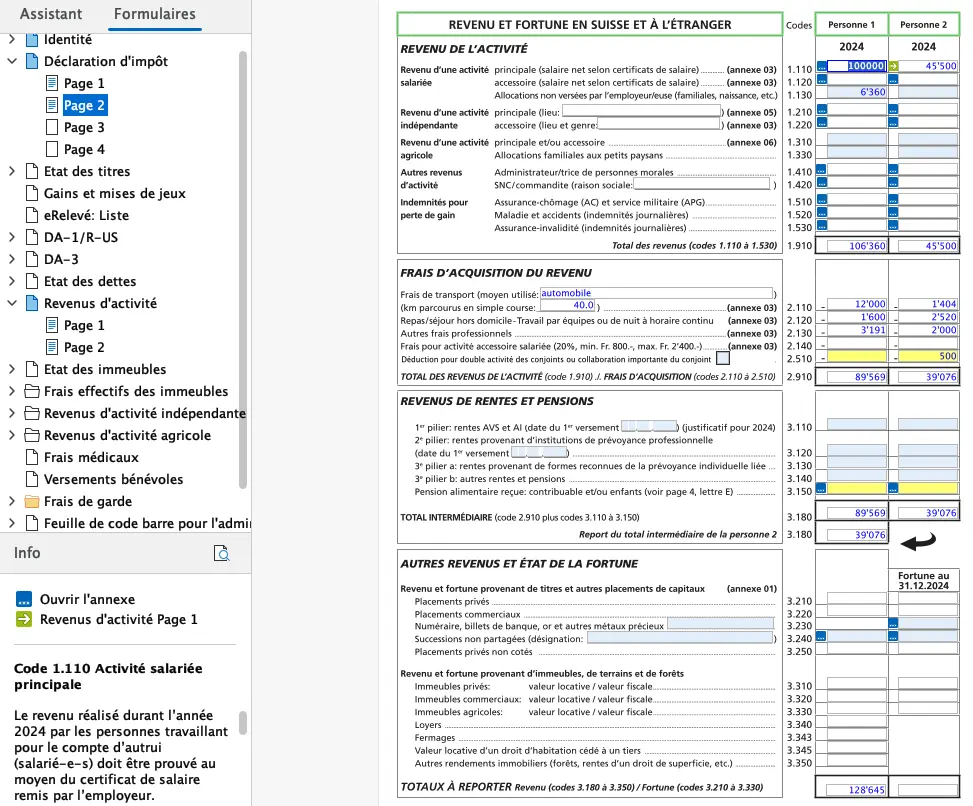 Récapitulatif des revenus, frais d'acquisition et rentes dans la déclaration d'impôt FriTax