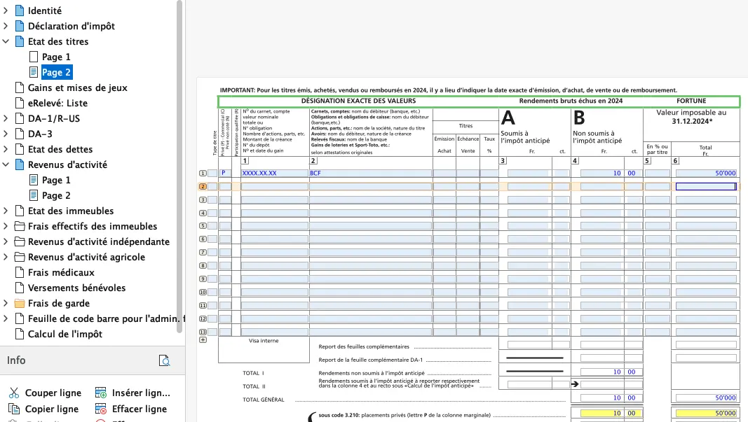 État des titres et valeurs mobilières dans FriTax avec revenus de capitaux et fortune imposable