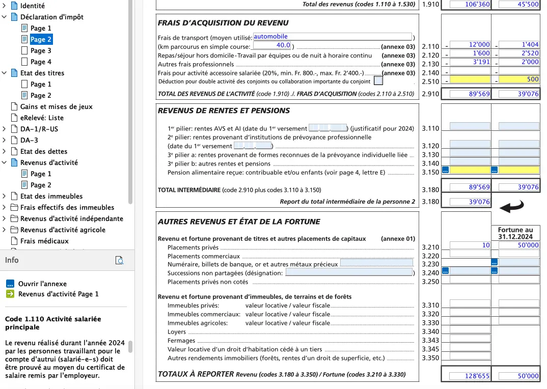 Vue finale des revenus et de la fortune reportés dans la déclaration d'impôt FriTax