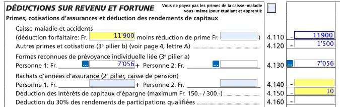 Déductions sur le revenu et la fortune dans FriTax: primes d'assurance, 3e pilier et intérêts de capitaux