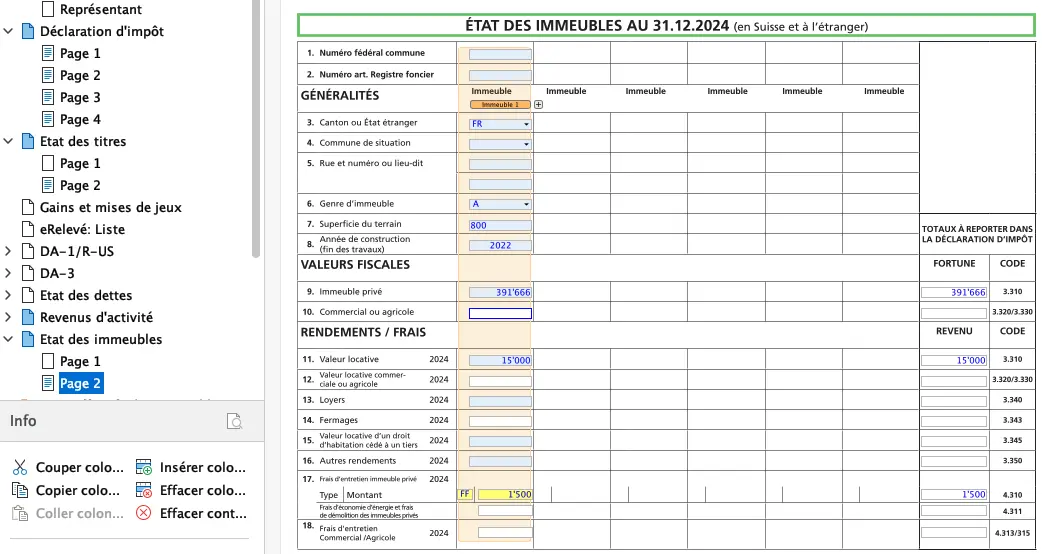 État des immeubles au 31 décembre dans FriTax avec valeurs fiscales et rendements immobiliers