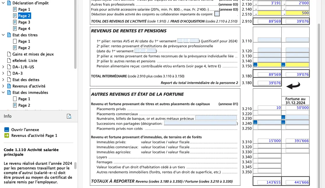 Récapitulatif des rentes, pensions et autres revenus avec état de la fortune dans FriTax