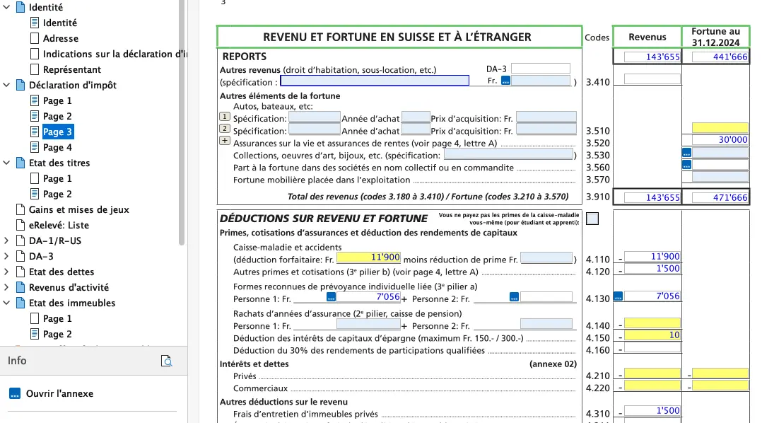 Page 3 de la déclaration FriTax: autres revenus, fortune mobilière et déductions sur revenu