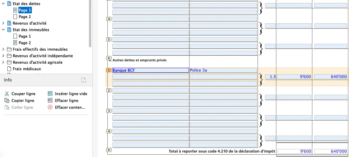 État des dettes et emprunts privés dans FriTax avec hypothèques et crédits bancaires