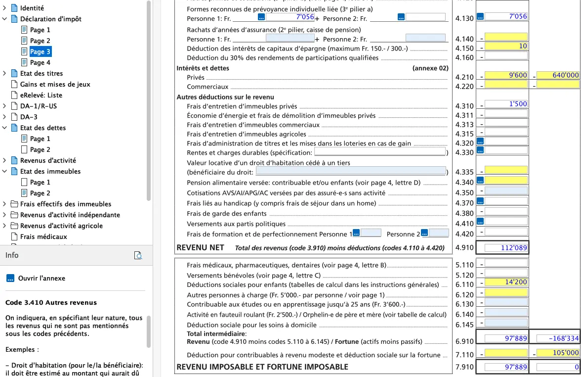 Autres déductions sur le revenu dans FriTax: frais d'entretien, pensions alimentaires et cotisations