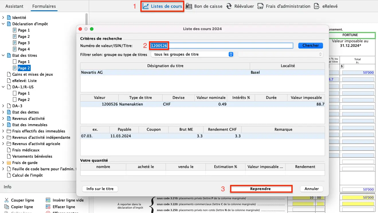 Accès à la liste des cours dans FriTax pour rechercher des titres et valeurs mobilières