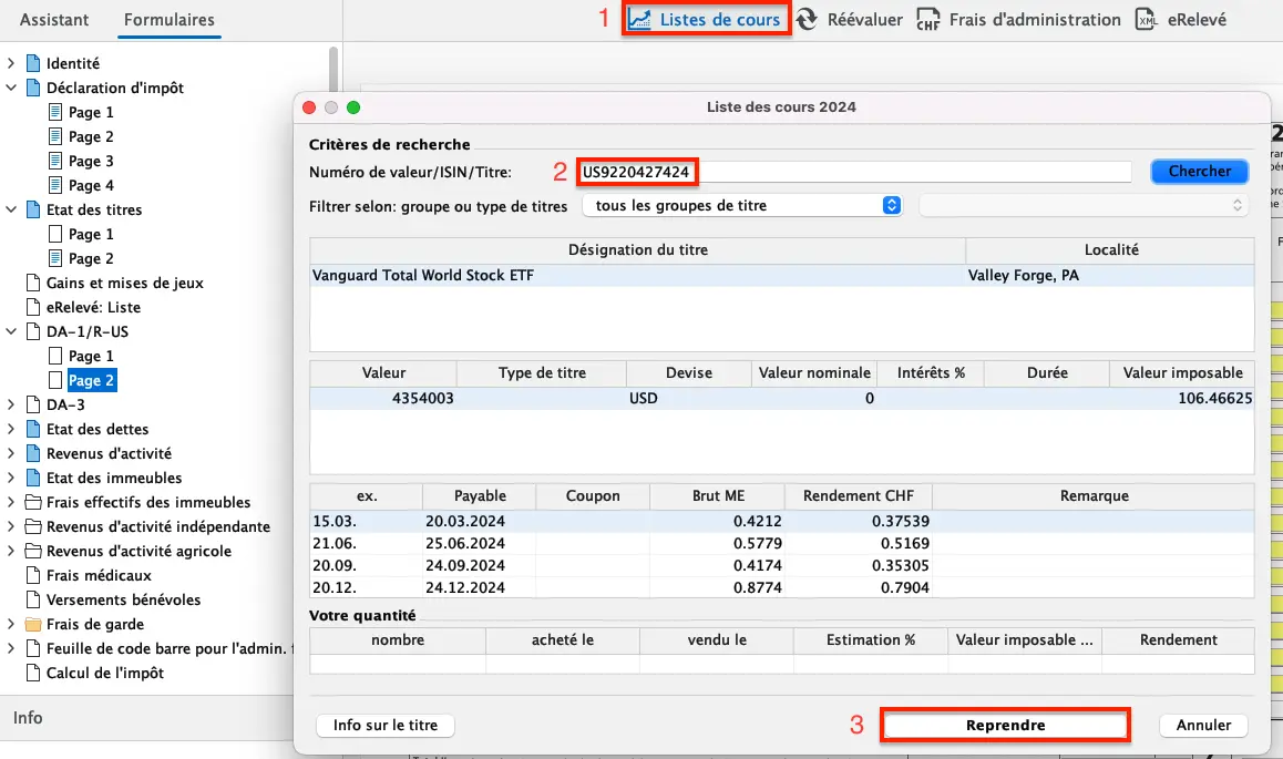 État des titres dans FriTax avec rendements imposables et fortune au 31 décembre