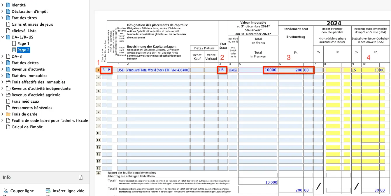 Saisie d'un ETF étranger dans FriTax avec valeur fiscale, rendement brut et retenue d'impôt à la source