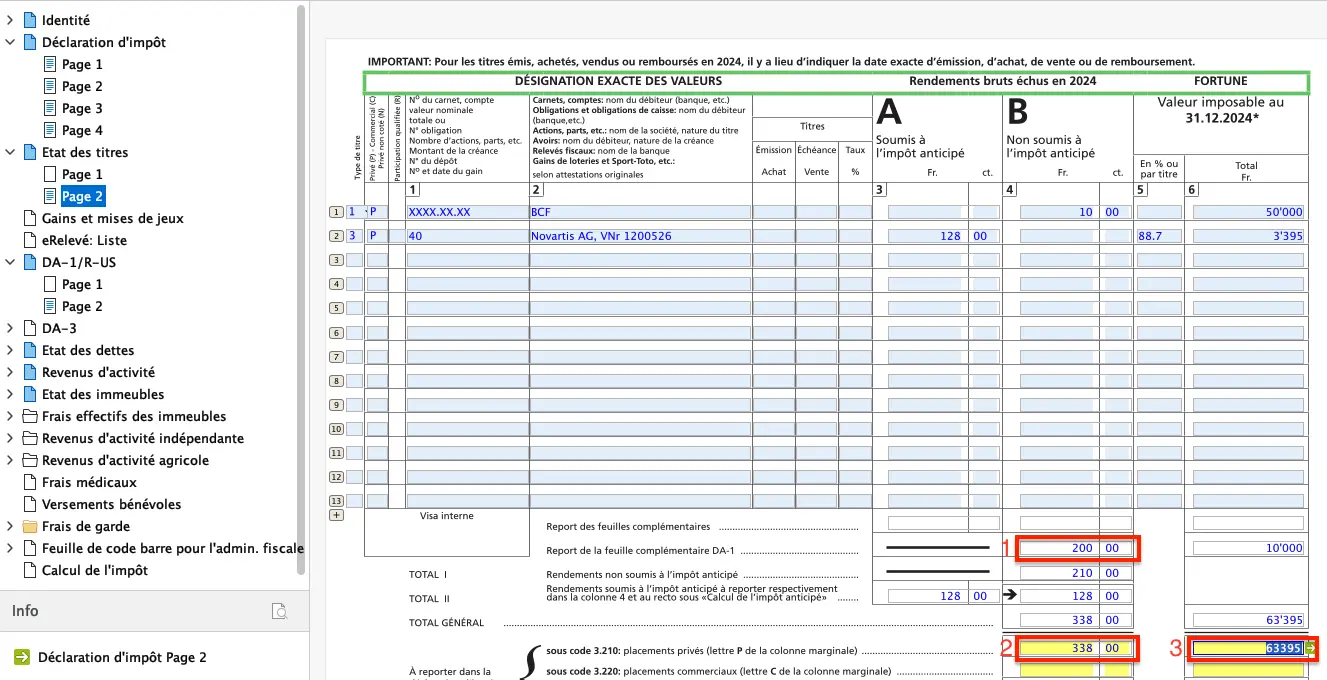 Report des revenus de titres et de la fortune dans la déclaration d'impôt FriTax (codes 3.210 à 3.330)