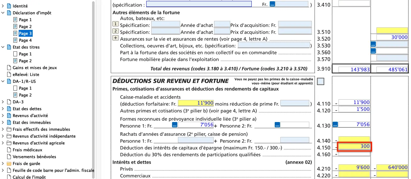 Saisie des déductions fiscales dans FriTax Fribourg: intérêts passifs, assurances et autres déductions