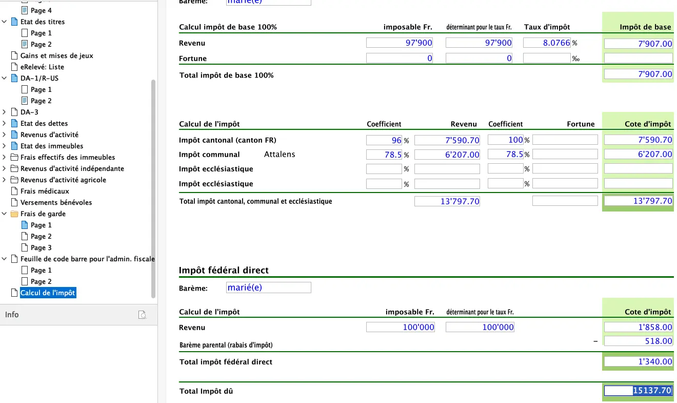 Calcul final de l'impôt cantonal, communal et fédéral dans FriTax (résumé de la taxation)