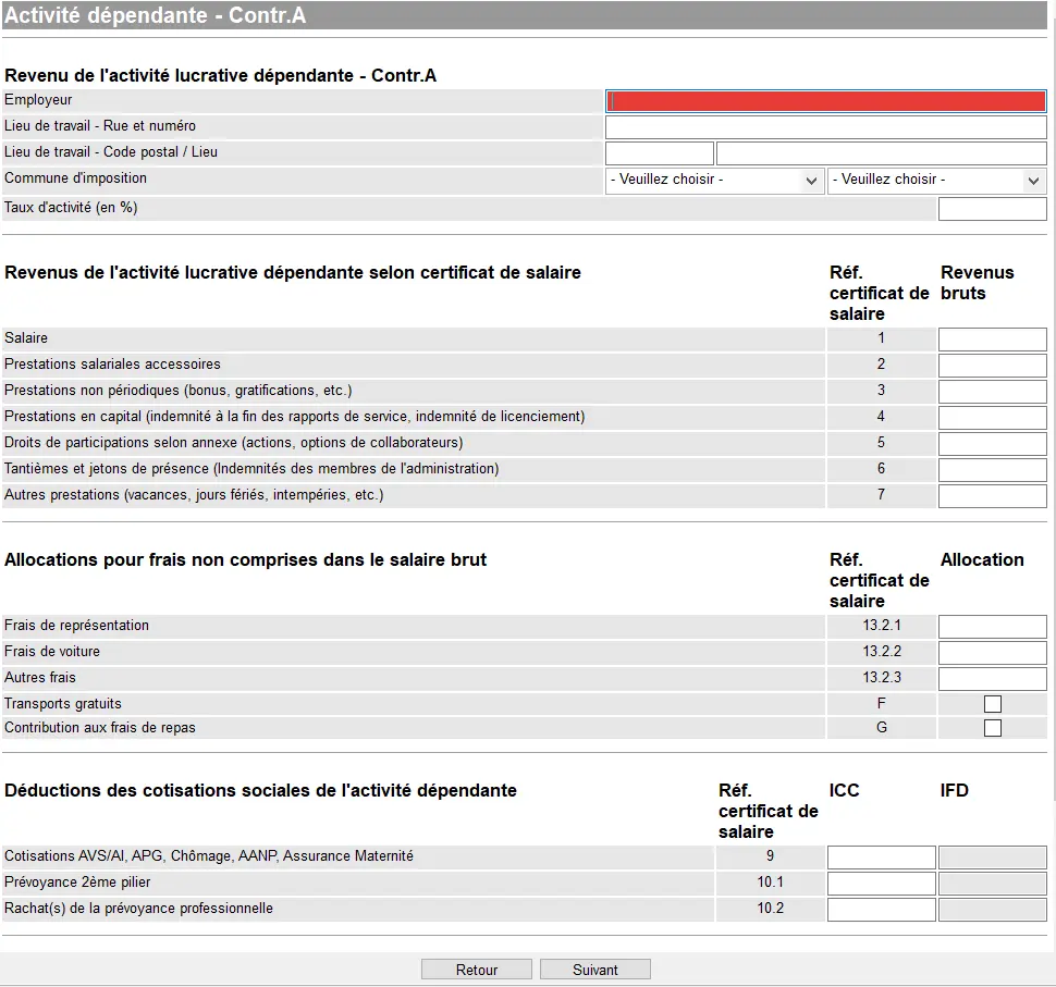 Formular zur Erfassung einer unselbstständigen Erwerbstätigkeit mit Arbeitgeber, Arbeitsort und Steuergemeinde