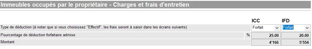 Wahl des Pauschalabzugs ICC/IFD und der berechneten Beträge