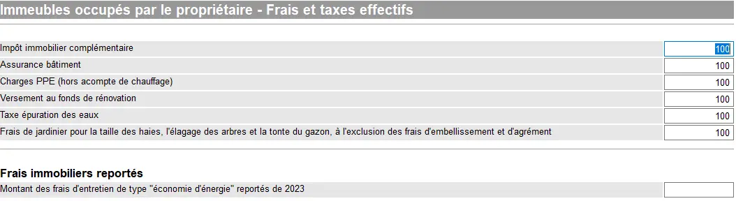 GeTax-Bildschirm 'Selbstgenutzte Liegenschaften - Tatsächliche Kosten und Steuern' mit Eingabe von Grundsteuern, Versicherungen, Miteigentumsgebühren, Renovationsfonds und Gartenkosten