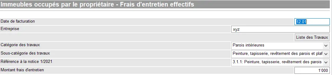 Rechnungsdatum, Firma, Kategorie und Unterkategorie der Arbeiten (Malerarbeiten/Innenwände) und Höhe der Instandhaltungskosten