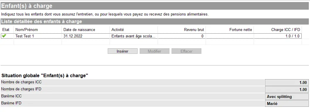 Liste der Kinder in GeTax mit einer Zusammenfassung der ICC- und IFD-Ausgaben und der Parameter für die Familienaufteilung