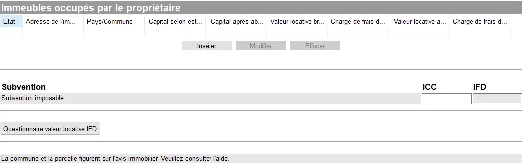 Der GeTax-Bildschirm 'Selbstgenutzte Liegenschaften' für die Erfassung von selbstgenutztem Wohneigentum mit den Feldern für steuerbare Subventionen und dem Fragebogen zum Eigenmietwert