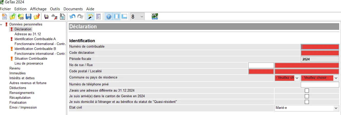 Bildschirm zur Identifizierung des Steuerzahlers in GeTax mit Eingabe der Steuerzahlernummer, des Meldecodes und der persönlichen Daten