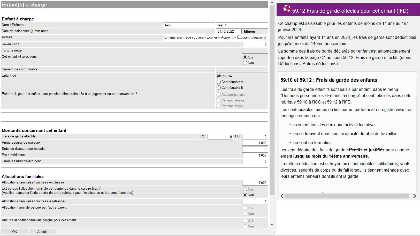 Anmeldung eines abhängigen Kindes in GeTax mit Eingabe der persönlichen Daten, der tatsächlichen Betreuungskosten und des Kindergeldes