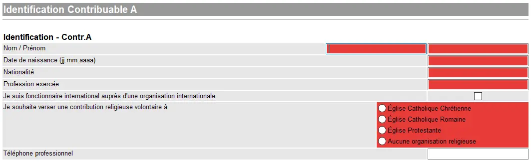 Identifikation des Steuerpflichtigen A in GeTax mit Eingabe der persönlichen Daten, des Berufs und der Wahl des Religionsbeitrags