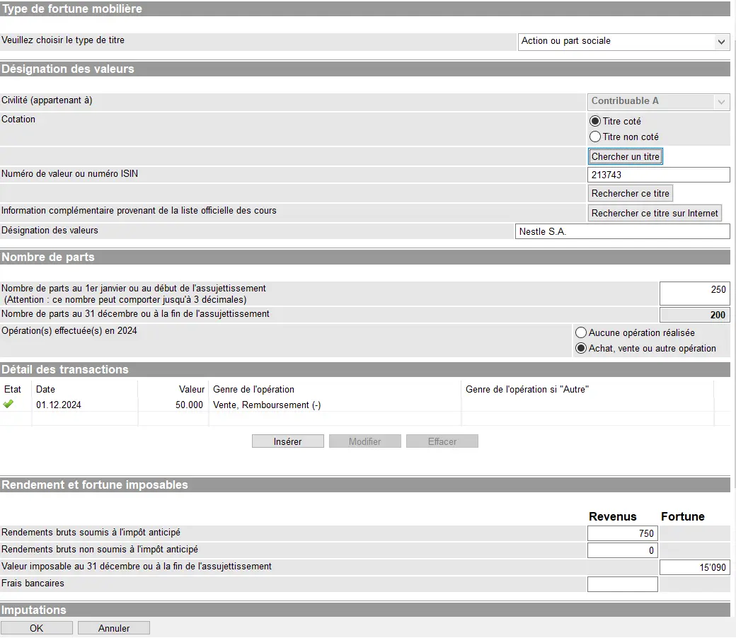 Eingabe einer börsenkotierten Aktie (Nestlé S.A.) in GeTax mit Anzahl Aktien, Verkauf im letzten Jahr und Berechnung des steuerbaren Einkommens und Vermögens