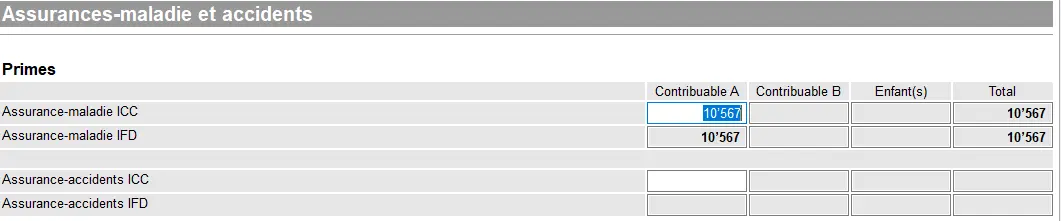 GeTax 'Kranken- und Unfallversicherung'-Bildschirm, der die Eingabe der Prämien (KKI und DFI) pro Steuerzahler zeigt, mit der Summe der gemeldeten Krankenversicherungsprämien