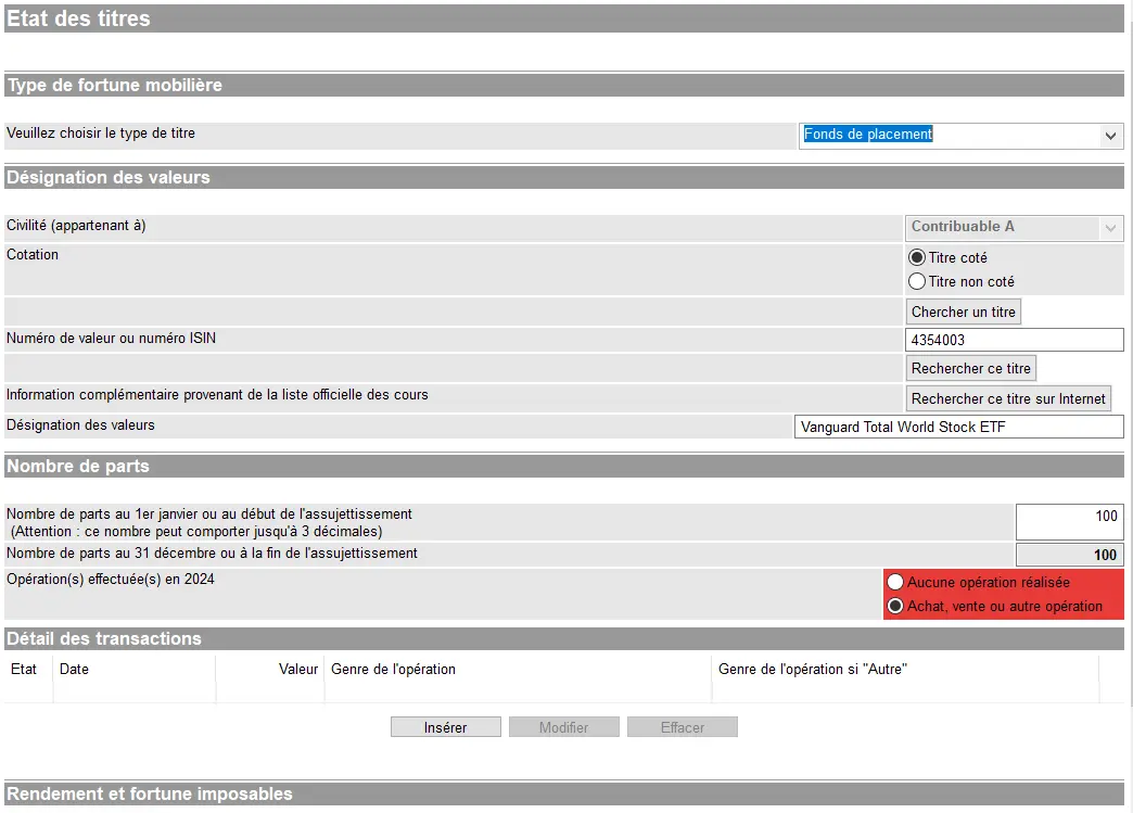 Meldung eines Investmentfonds in GeTax mit Suche nach dem Titel, der Anzahl der gehaltenen Anteile und den im letzten Geschäftsjahr getätigten Transaktionen