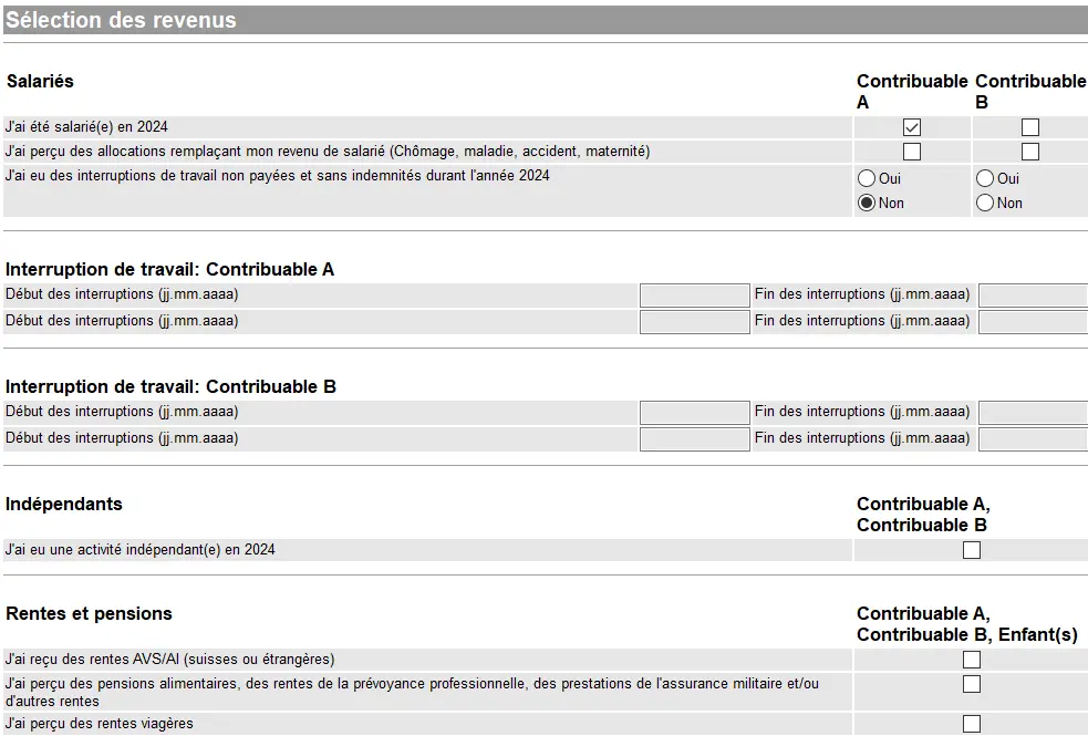 Auswahl der Einkünfte in GeTax mit Angabe der unselbständigen Tätigkeit, der Arbeitsunterbrechungen, der selbständigen Tätigkeit und der erhaltenen Renten