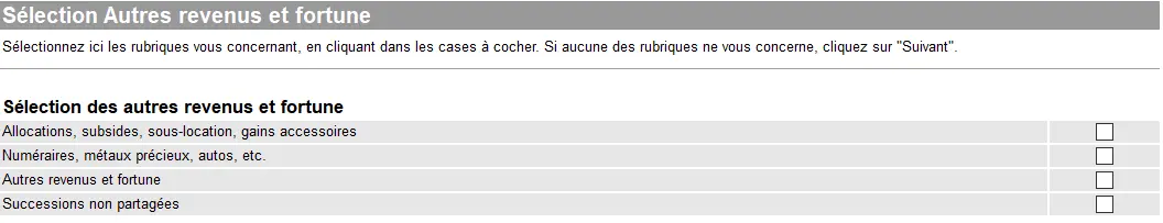 GeTax-Bildschirm 'Auswahl sonstiges Einkommen und Vermögen' zur Angabe von Zulagen, Nebenverdiensten, Bargeld, sonstigem Vermögen und ungeteilten Erbschaften