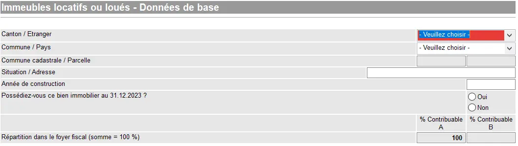 GeTax-Bildschirm 'Vermietete oder verpachtete Immobilien - Stammdaten' mit Kanton/Gemeinde, Adresse, Baujahr, Eigentum am 31. Dezember und Aufteilung des Steuerhaushalts