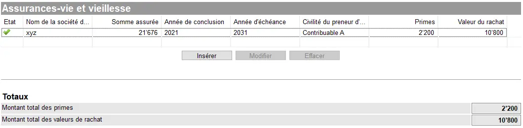 Der GeTax-Bildschirm 'Lebens- und Altersversicherung', der eine eingegebene Police (Versicherer, Versicherungssumme, Jahre, Versicherungsnehmer) mit den Summen der eingezahlten Beiträge und des Rückkaufswerts anzeigt