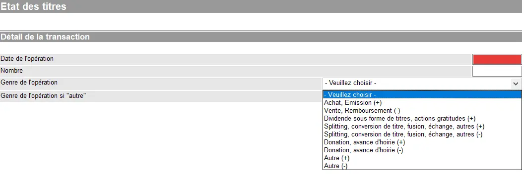 Details einer Wertpapiertransaktion in GeTax mit Auswahl der Transaktionsart, des Datums und der Anzahl der betroffenen Wertpapiere