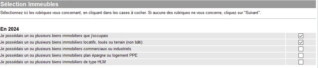 Kreuze die Arten von Immobilien an, die du besitzt (bewohnt, vermietet, gewerblich, Eigentumswohnungen, Sozialwohnungen)