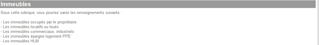 Die GeTax-Rubrik 'Immobilien' mit den verschiedenen Arten von Immobilien, die angegeben werden müssen (bewohnt, vermietet, gewerblich, Eigentumswohnungen, Sozialwohnungen)