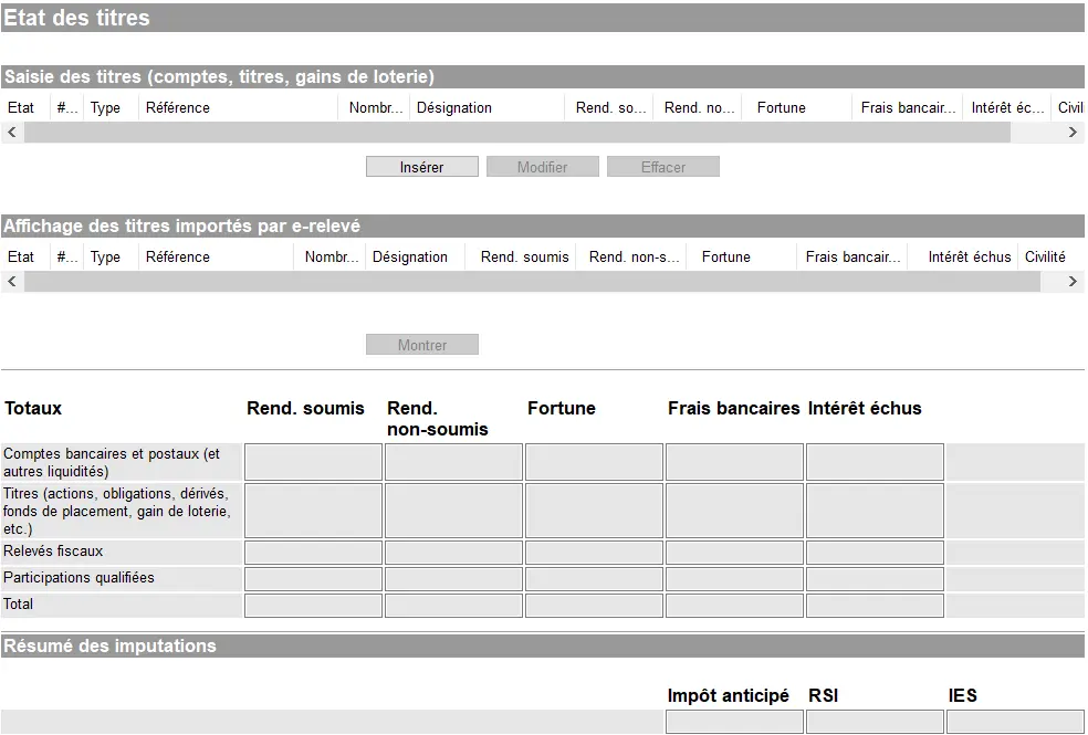 Übersicht über den Status von Wertpapieren in GeTax mit manueller Eingabe, über E-Steuererklärung importierten Wertpapieren und der Zusammenfassung von Erträgen und Vermögenswerten