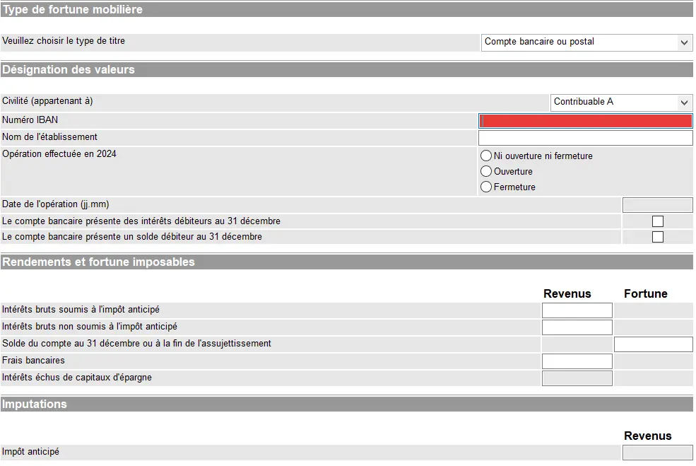 Meldung eines Bank- oder Postkontos in GeTax mit Eingabe der IBAN, des Instituts und der steuerpflichtigen Zinsen